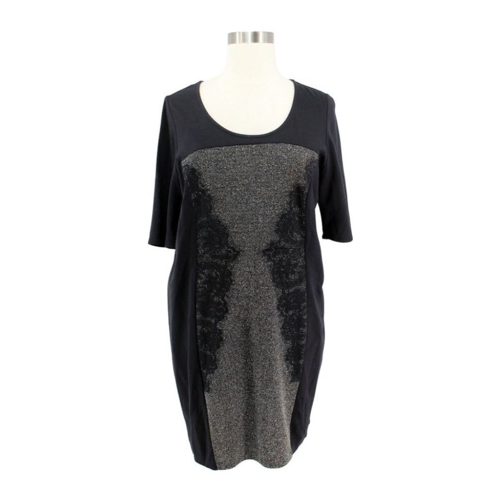 Lane Bryant Black Gray Ponte Knit Lace Short Sleeve Sheath Dress Plus Size 18